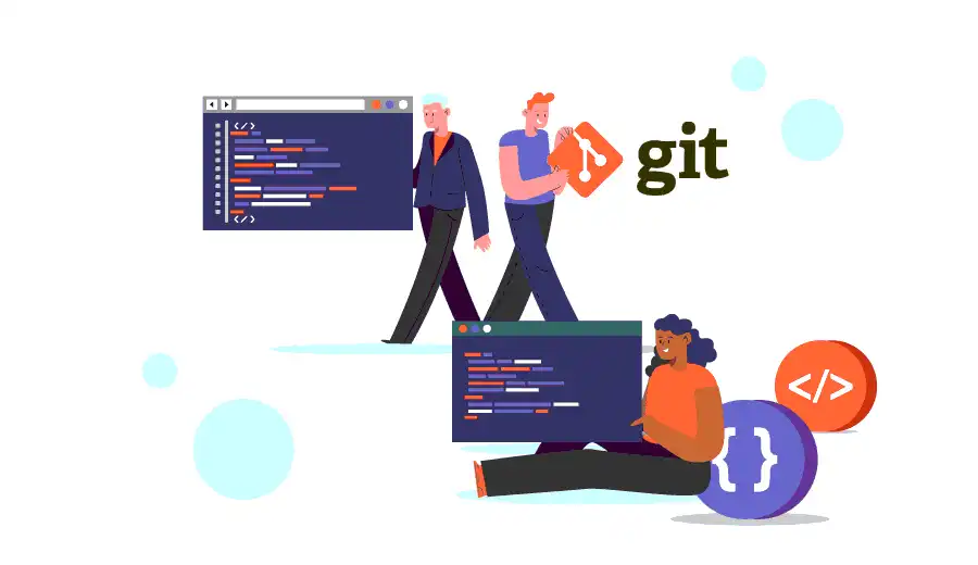 Ilustração com três bonecos, um laptop e um monitor com a marca do git