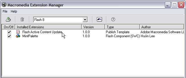 aparecerá a nova extensão instalada no Macromedia Extension Manager